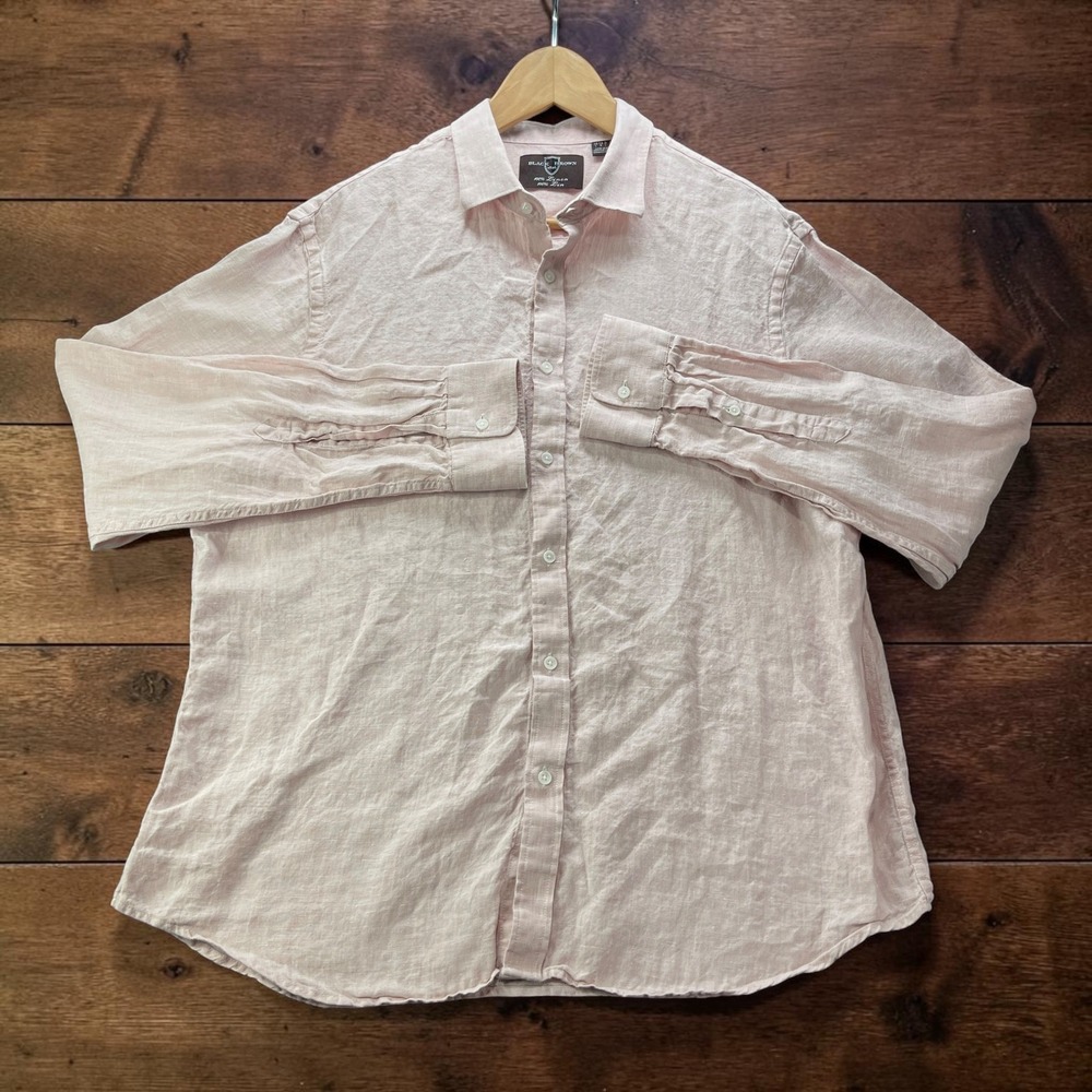 Black Brown 1826 Mens Light Pink 100% Linen Long Sleeve Button Down Shirt Large